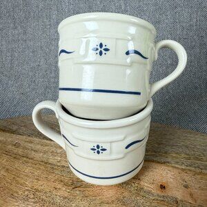 Longaberger Pottery Woven Traditions, two 3" mugs, blue, made in USA